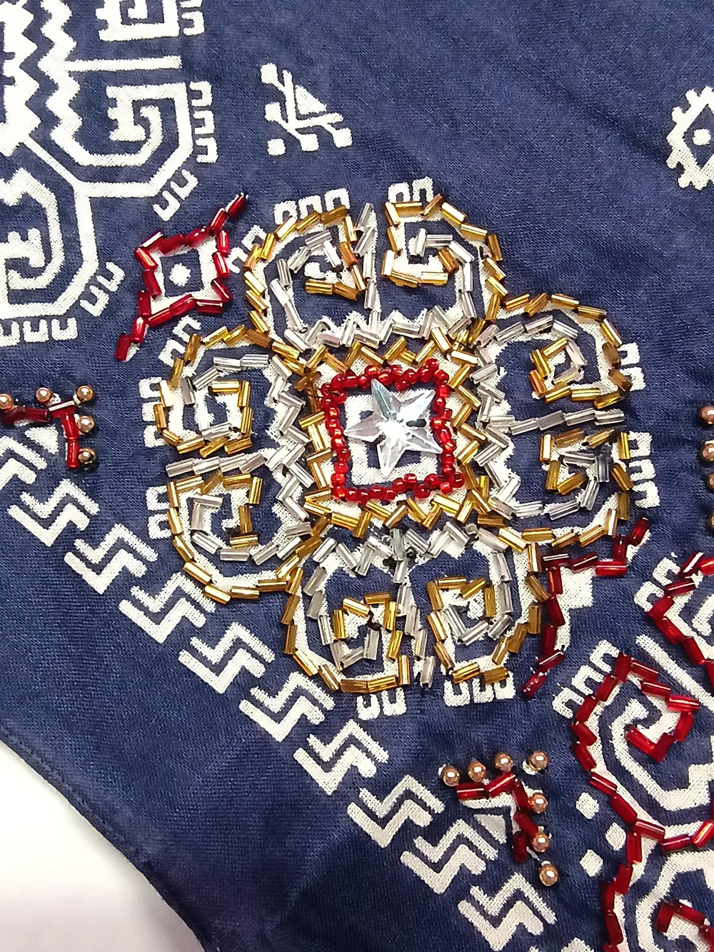 Vintage Bandana Navy Blue With Beadwork 100% Cotton